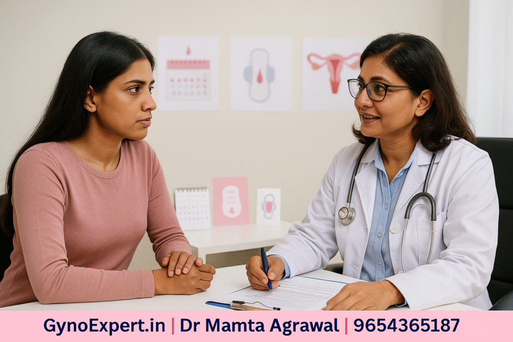 Indian woman discussing warning gynaecology symptoms with Dr Mamta Agrawal in clinic