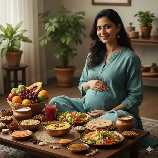 Pregnant Indian woman enjoying a healthy traditional Indian meal with fruits vegetables dal roti and salad during pregnancy