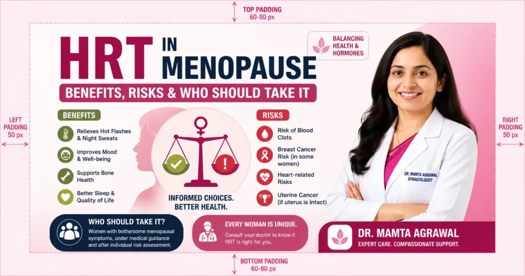 HRT in menopause benefits risks and who should take hormone replacement therapy explained by Dr Mamta Agrawal in Delhi