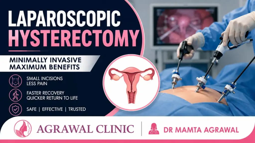 Laparoscopic hysterectomy surgery illustration showing minimally invasive uterus removal procedure with surgical instruments and recovery benefits by Dr Mamta Agrawal at Agrawal Clinic.