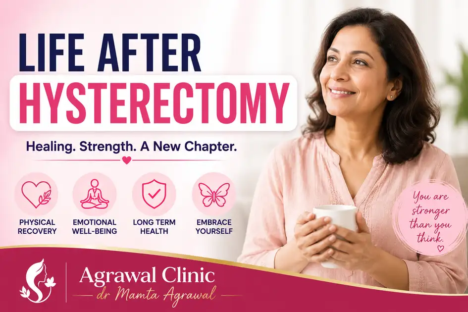 Life after hysterectomy guide featuring a smiling woman with information on physical recovery, emotional well-being, long-term health, and healing after hysterectomy by Agrawal Clinic Dr Mamta Agrawal.