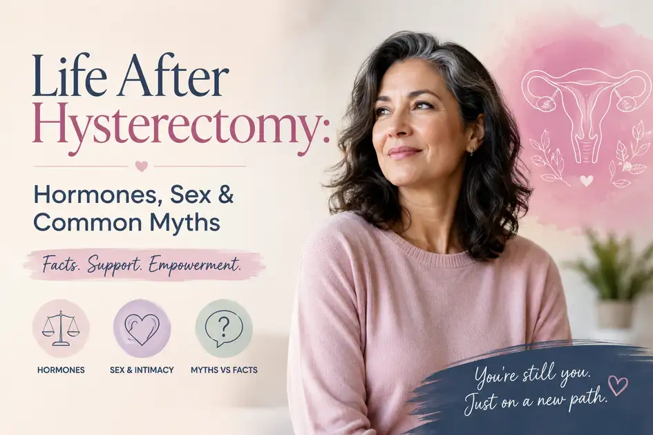 Life after hysterectomy – woman with informational graphic about hormones, sex, recovery, and common myths after uterus removal surgery