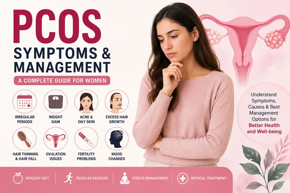 PCOS symptoms and management guide showing irregular periods, weight gain, acne, hair fall, fertility issues, and healthy lifestyle management tips for women