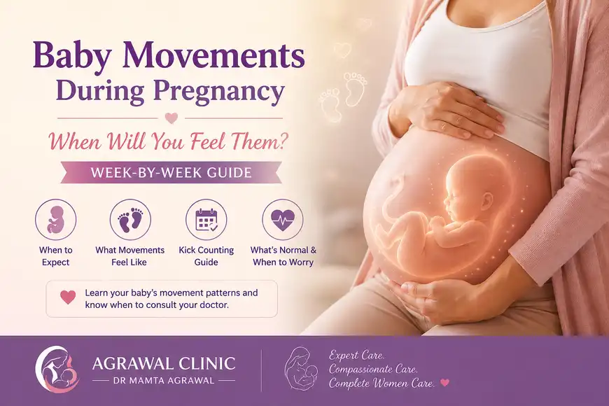 Pregnant woman feeling baby movements during pregnancy with illustration of baby in the womb and week-by-week fetal movement guide.