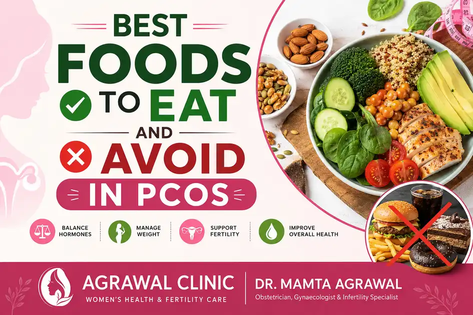 Best Foods to Eat and Avoid in PCOS – Indian diet guide showing healthy foods for hormone balance, weight loss, fertility, and PCOS symptom management by Dr Mamta Agrawal.