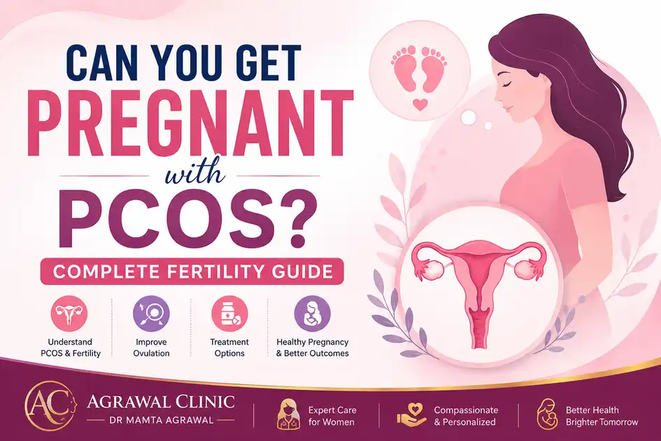 Can You Get Pregnant with PCOS Complete Fertility Guide featuring female reproductive health illustration and fertility awareness by Dr Mamta Agrawal