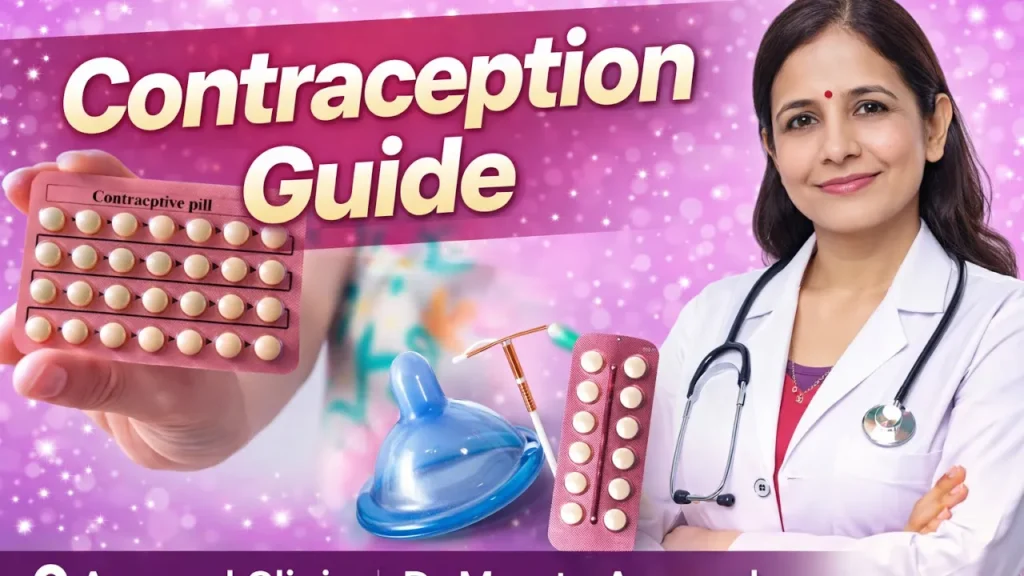 Contraception guide showing birth control pills, condom, Copper-T (IUD), and gynecologist Dr Mamta Agrawal explaining contraceptive methods for women