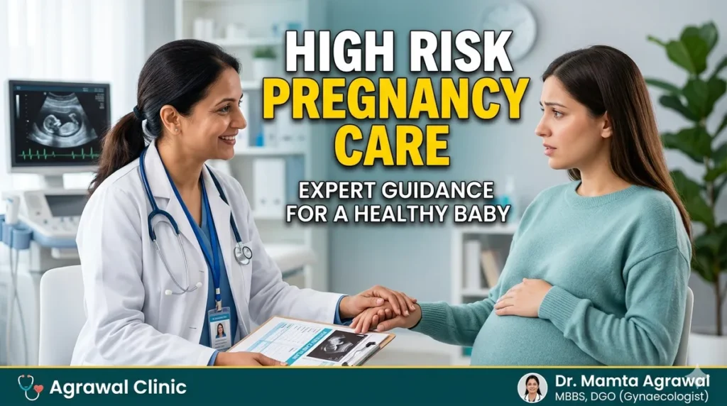 Obstetrician providing high-risk pregnancy care and prenatal consultation to a pregnant woman with ultrasound monitoring.