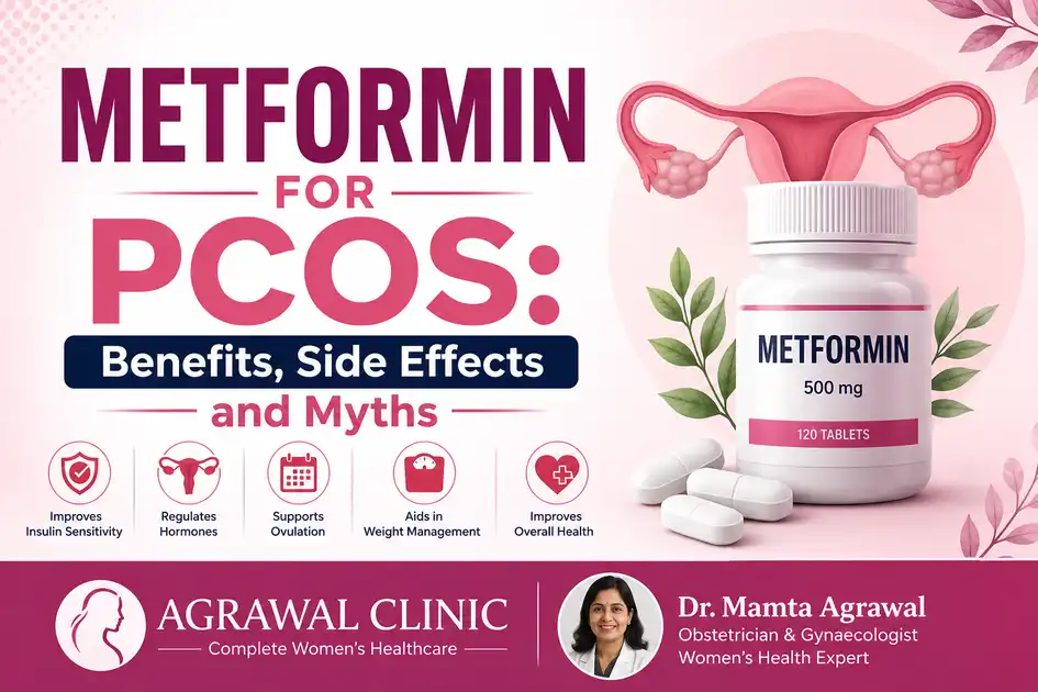 Metformin for PCOS benefits side effects and myths explained with medication bottle and female reproductive system illustration by Dr Mamta Agrawal at Agrawal Clinic