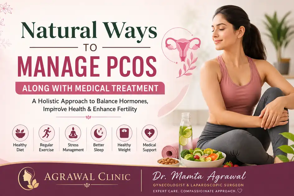 Natural Ways to Manage PCOS Along with Medical Treatment – woman practicing healthy lifestyle habits including exercise, nutritious diet, stress management, and medical support for PCOS