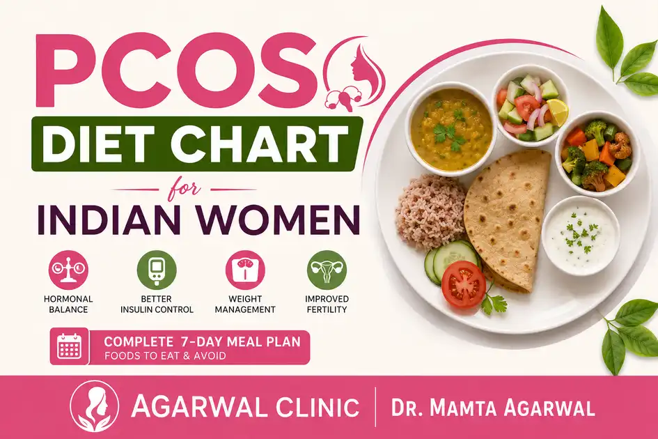 PCOS Diet Chart for Indian Women featuring a healthy Indian meal plan for weight loss, hormonal balance, insulin control, and fertility support by Dr. Mamta Agrawal