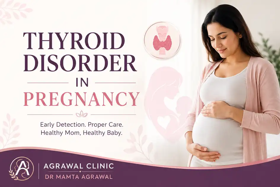 Pregnant woman with thyroid gland illustration and the title "Thyroid Disorder in Pregnancy" on a pink and purple medical banner by Agrawal Clinic, Dr Mamta Agrawal.