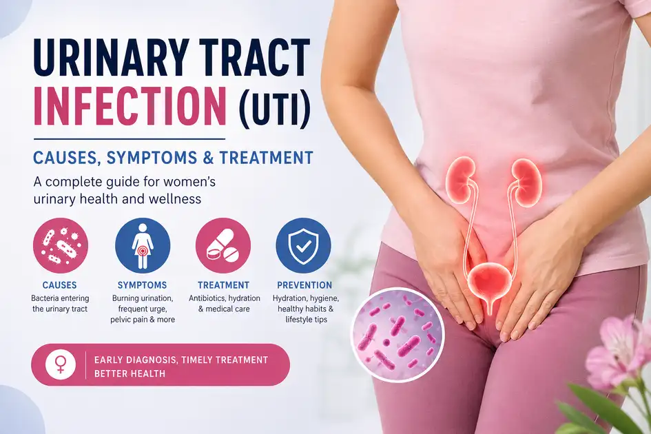 Urinary Tract Infection (UTI) infographic showing causes, symptoms, treatment, and prevention with female urinary system illustration and woman experiencing lower abdominal discomfort.