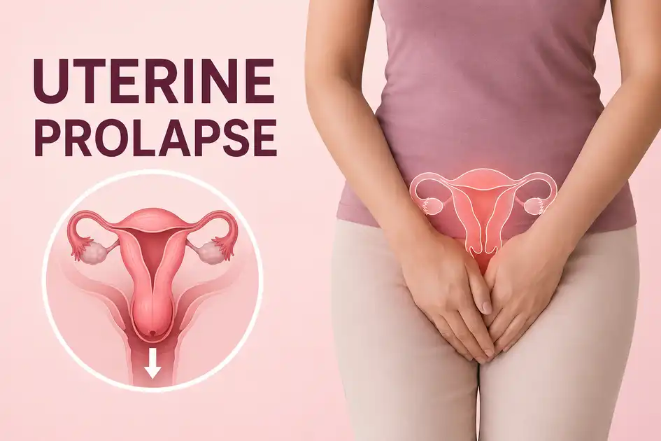 Uterine prolapse illustration showing the uterus descending into the vaginal canal with symptoms of pelvic pressure and vaginal bulge