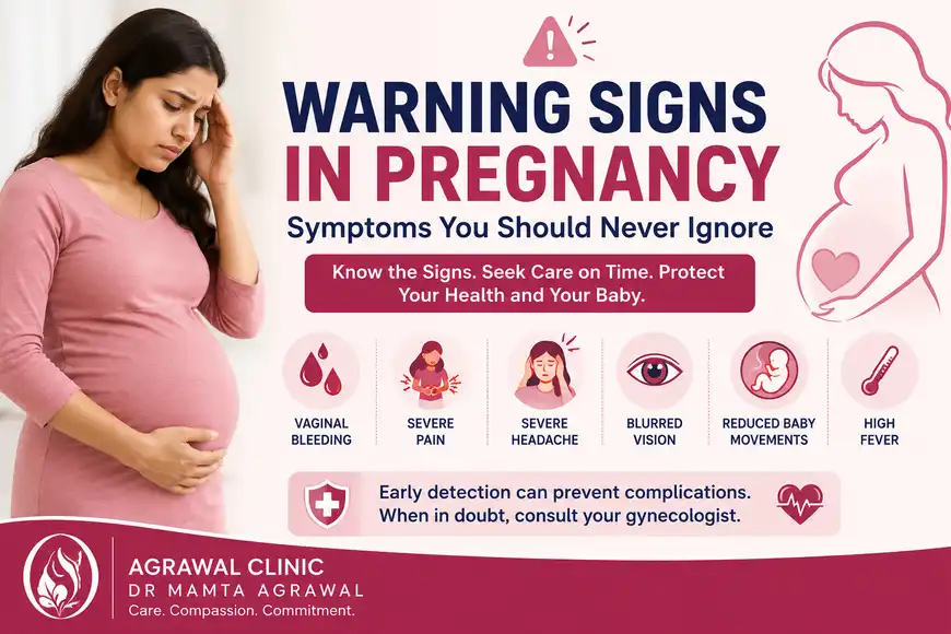 Pregnant woman with illustrations of warning signs in pregnancy including vaginal bleeding, severe abdominal pain, headache, blurred vision, reduced baby movements, and fever.