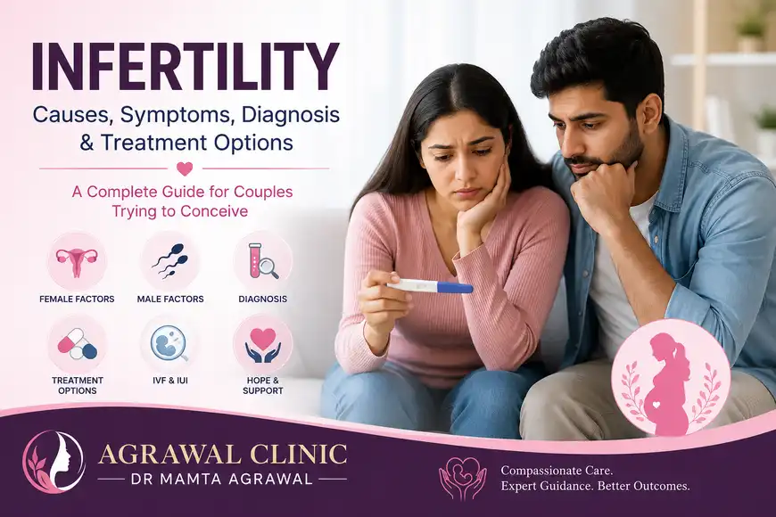 Infertility causes, symptoms, diagnosis, and treatment guide for couples by Dr. Mamta Agrawal, featuring male and female infertility, fertility evaluation, IVF, and IUI.