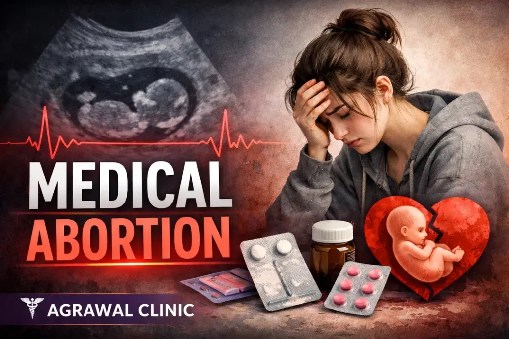 Medical abortion (abortion pills) illustration showing pregnancy, abortion medication, and women's reproductive healthcare under medical supervision.