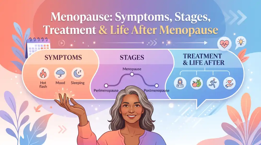 Menopause symptoms, stages, treatment options and life after menopause illustrated in an educational infographic