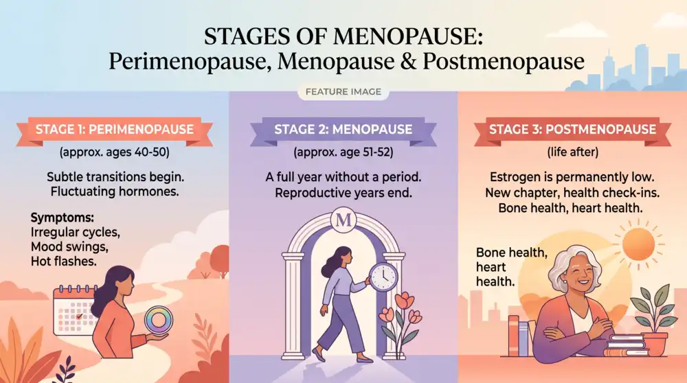 Stages of menopause showing perimenopause, menopause and postmenopause with symptoms, age range and health changes