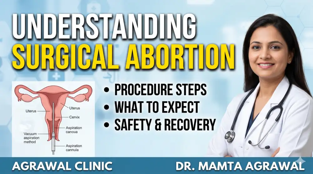 Illustration explaining surgical abortion procedure, safety, recovery, and treatment by Dr. Mamta Agrawal, gynecologist in Delhi.