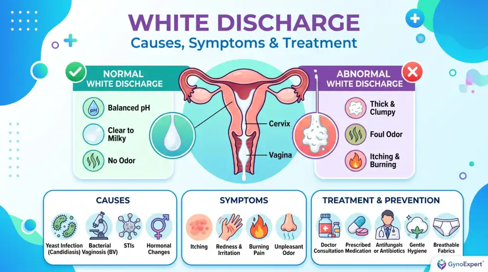 White vaginal discharge infographic showing normal vs abnormal discharge, causes, symptoms, and treatment options in women.