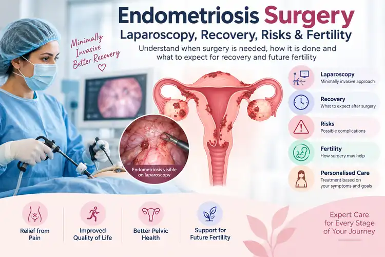 Endometriosis surgery showing laparoscopic treatment, recovery, risks and fertility